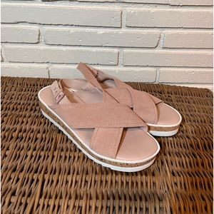 MARC FISHER GLITZE Pink Suede Cork Platform Cross Strap Sandals size 7.5